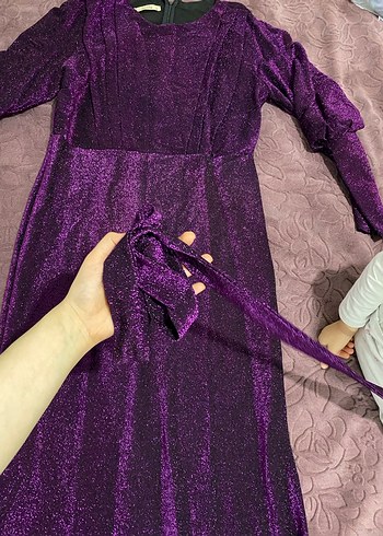 Mor Uzun Kollu Drapeli Abiye Elbise - Görsel 7