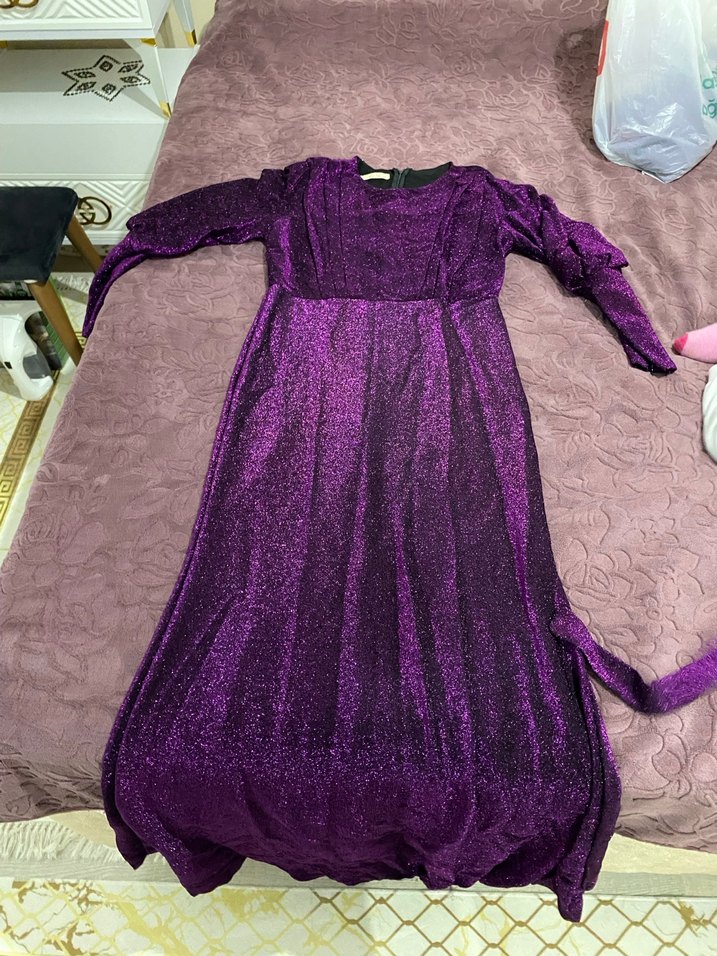 Mor Uzun Kollu Drapeli Abiye Elbise - Görsel 2