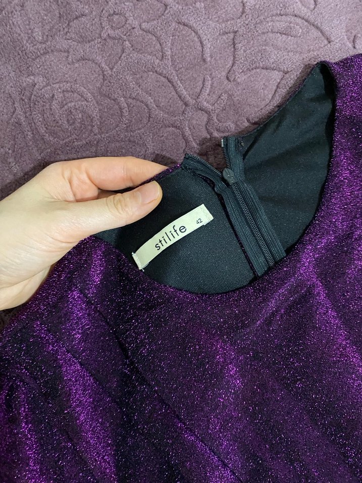 Mor Uzun Kollu Drapeli Abiye Elbise - Görsel 4