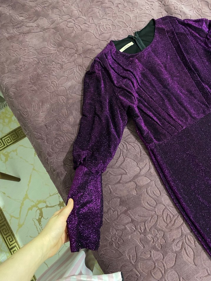 Mor Uzun Kollu Drapeli Abiye Elbise - Görsel 3