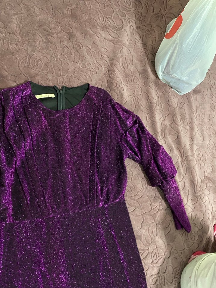 Mor Uzun Kollu Drapeli Abiye Elbise - Görsel 5