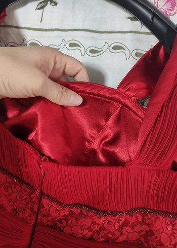 46 Beden bordo Renk Bordo Dantel Uzun Abiye Elbise
