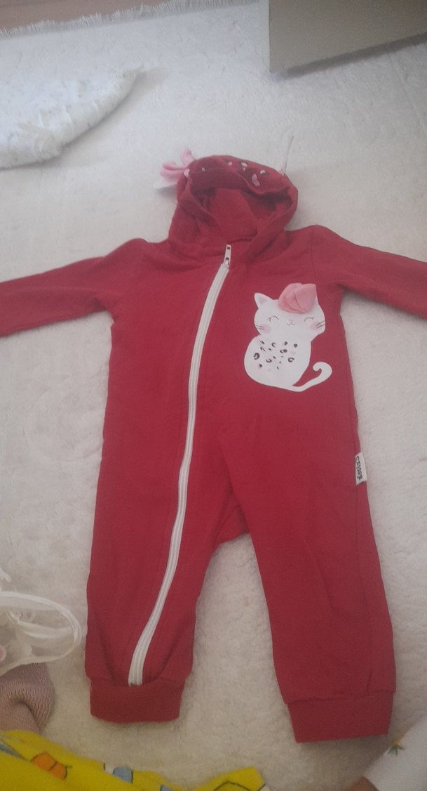 Kapüşonlu Kedi Desenli Kırmızı Kedi Tulumu - Görsel 4