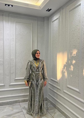 Desenli Uzun kollu yeşil Abiye Elbise
