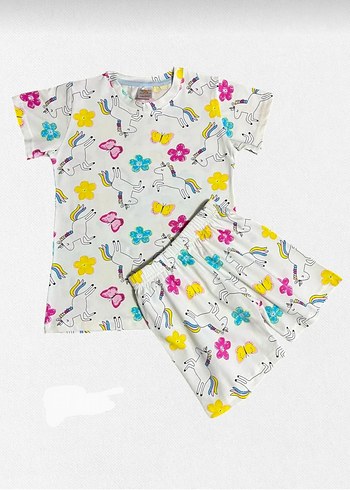 5 Yaş Beden beyaz Renk Unicorn baskılı şortlu kız çocuk pijama takımı