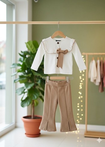 Gömlekli yırtmaçlı pantolonlu kız çocuk takımı - Görsel 2