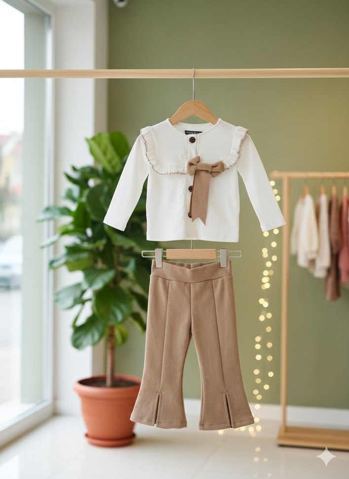 Gömlekli yırtmaçlı pantolonlu kız çocuk takımı - Görsel 2