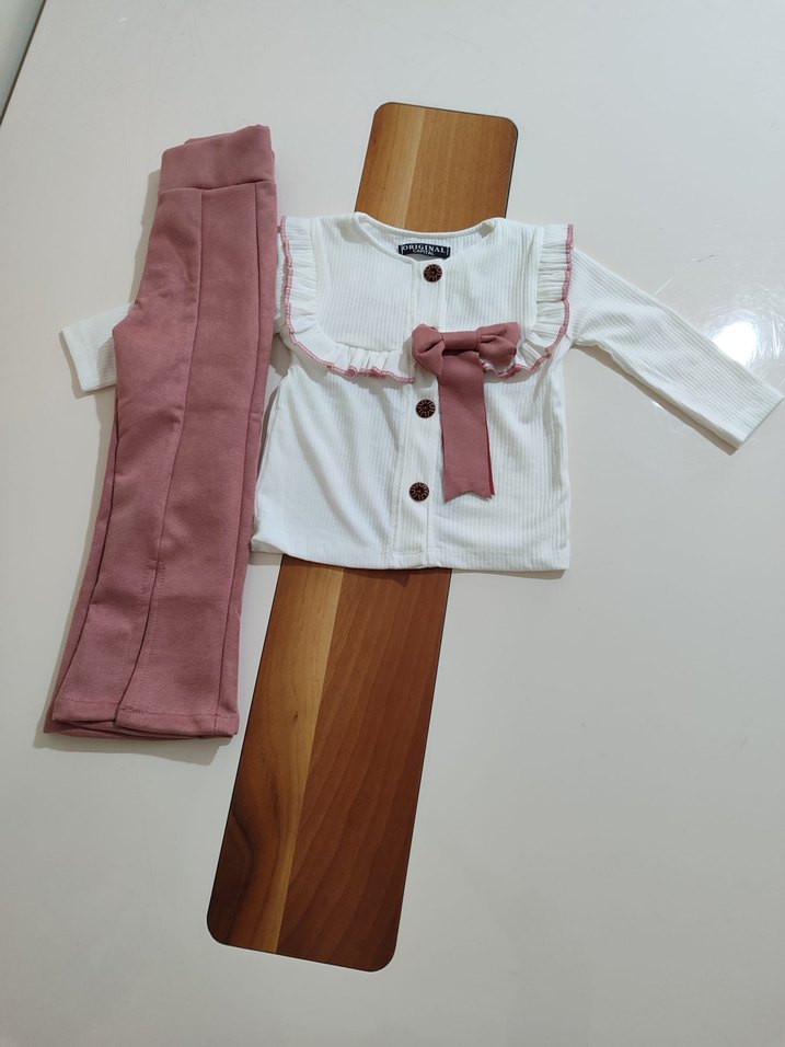 Gömlekli yırtmaçlı pantolonlu kız çocuk takımı - Görsel 2