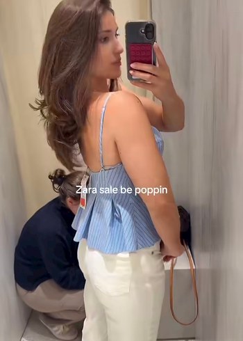 Zara Düğmeli Mavi Çizgili Mini Kot Bluz