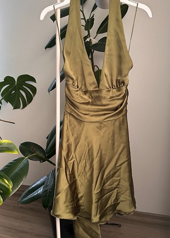 Kadın Saten V Yaka Midi Kokteyl Elbise - Görsel 3