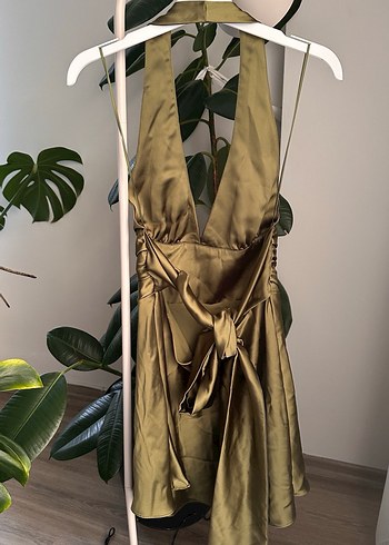 Kadın Saten V Yaka Midi Kokteyl Elbise - Görsel 4