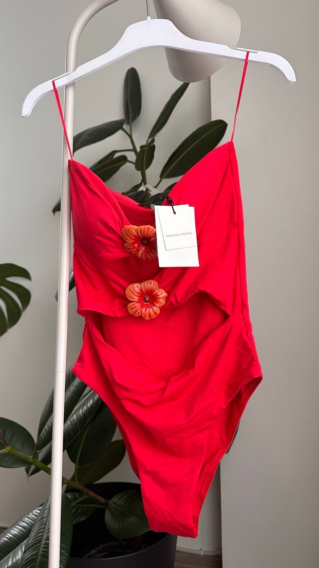 Çiçek Detaylı Kırmızı Bandeau Mayo - Görsel 3