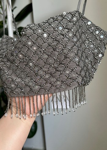 Boncuk İşlemeli Gri Mini Straplez Büstiyer - Görsel 5