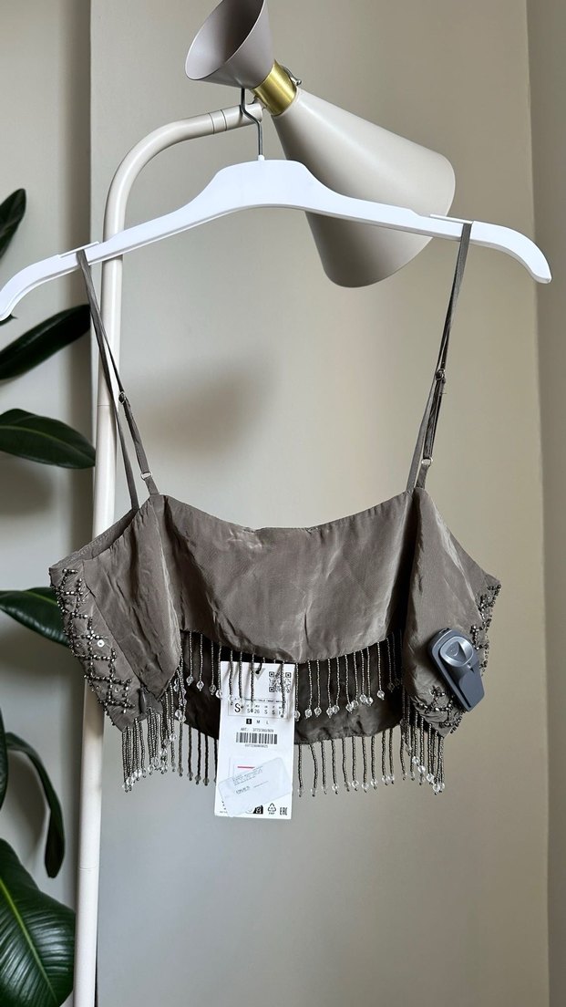Boncuk İşlemeli Gri Mini Straplez Büstiyer - Görsel 4