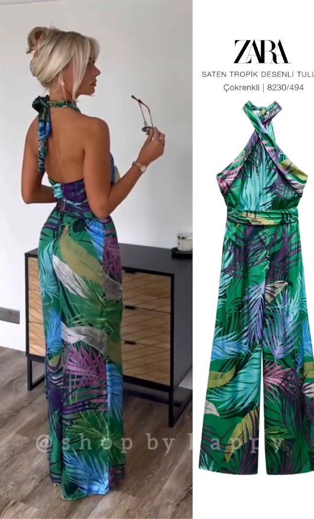 Zara Kadın Yeşil Tropik Desenli Uzun Tulum - Görsel 2