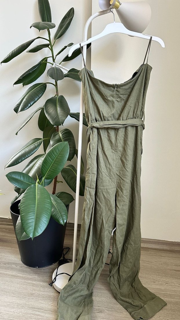 Kadın Kemerli Straplez Keten Tulum - Görsel 4