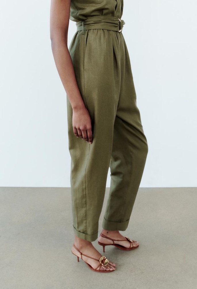 Kadın Kemerli Straplez Keten Tulum - Görsel 2