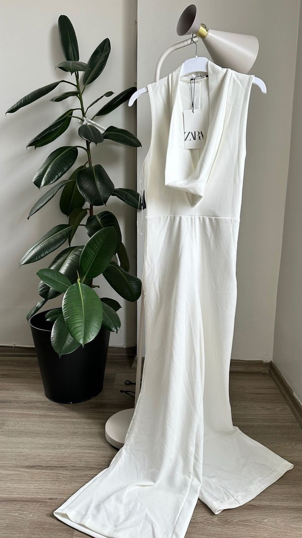 Kadın Beyaz Uzun Kollu V Yakalı Tulum - Görsel 2