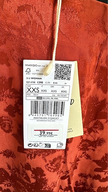 32 Beden kırmızı Renk Mango pantolon