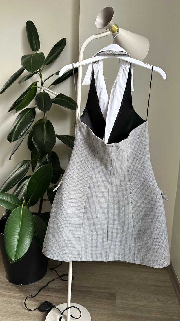 Zara Düğmeli Gri EkoseElbise - Görsel 3