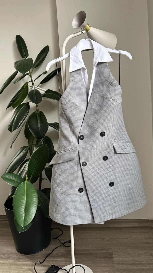 Zara Düğmeli Gri EkoseElbise - Görsel 2