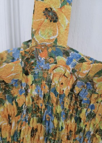 Çiçekli gipeli midi elbise.Askılı kare yaka - Görsel 6