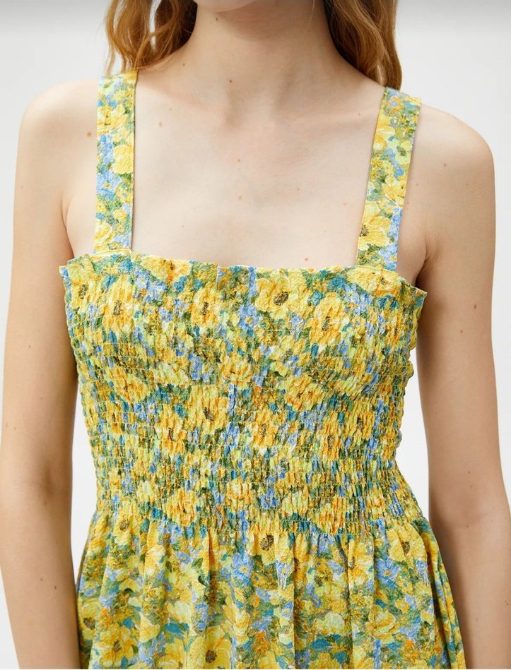 Çiçekli gipeli midi elbise.Askılı kare yaka - Görsel 2