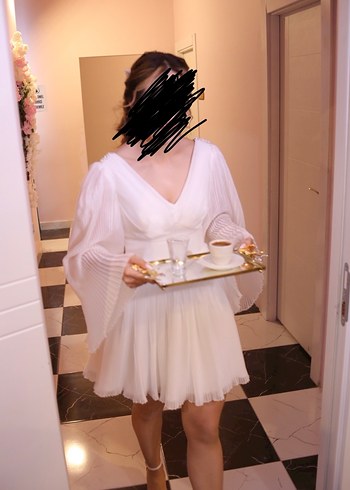 Modern V Yakalı Mini Beyaz Elbise - Görsel 2