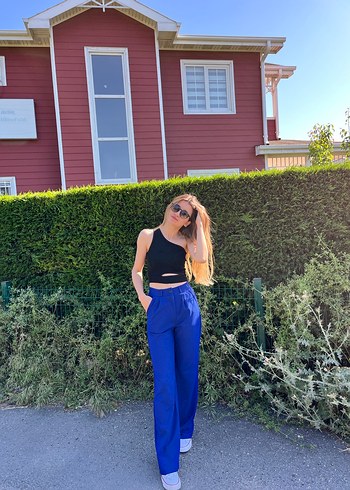 Parlak Lacivert Kadın Kumaş Pantolon - Görsel 3