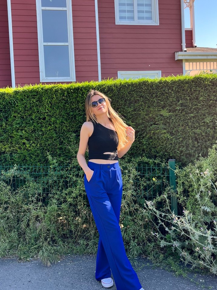 Parlak Lacivert Kadın Kumaş Pantolon - Görsel 4