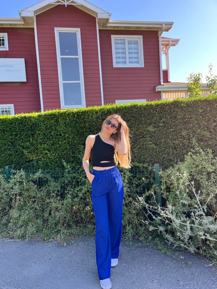 Parlak Lacivert Kadın Kumaş Pantolon - Görsel 3