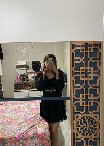 Şeffaf Kollu Siyah Mini Elbise - Görsel 3