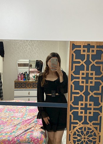 Şeffaf Kollu Siyah Mini Elbise - Görsel 5