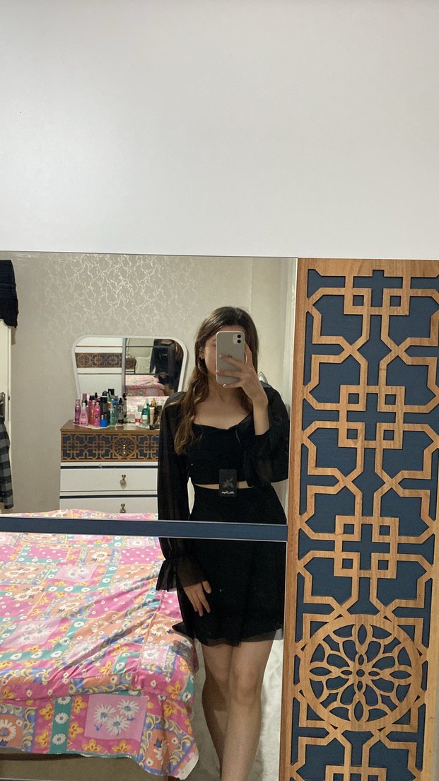 Şeffaf Kollu Siyah Mini Elbise - Görsel 5