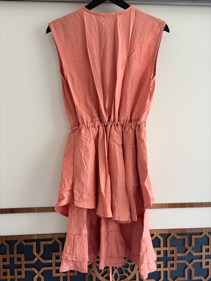 Gül Kurusu Keten V Yakalı Midi Elbise - Görsel 2