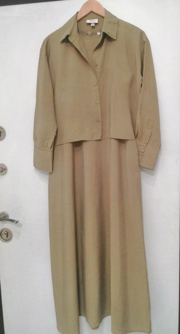 Yeşil Uzun Kollu Düğmeli Kadın Uzun Elbise - Görsel 5