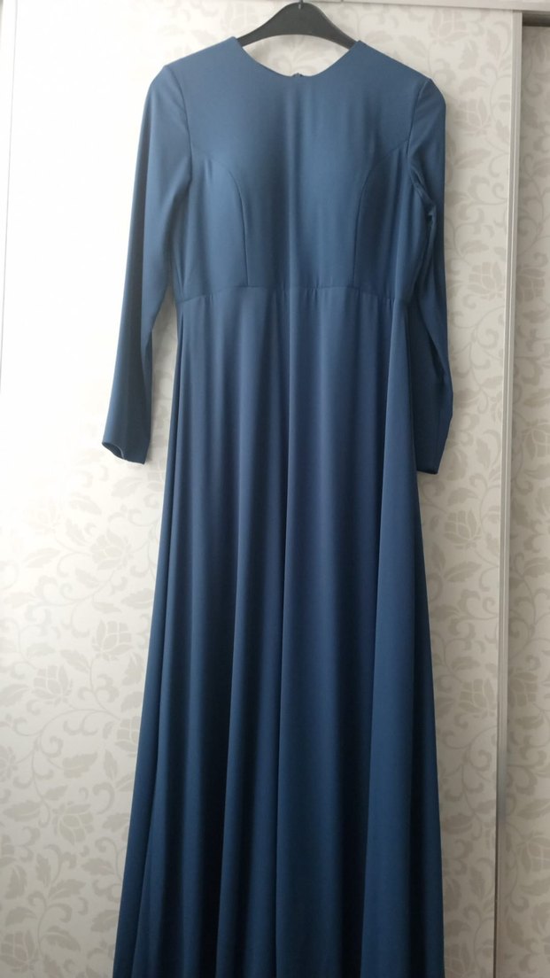 Uzun Lacivert Drapeli Kadın Abiye Elbise - Görsel 4