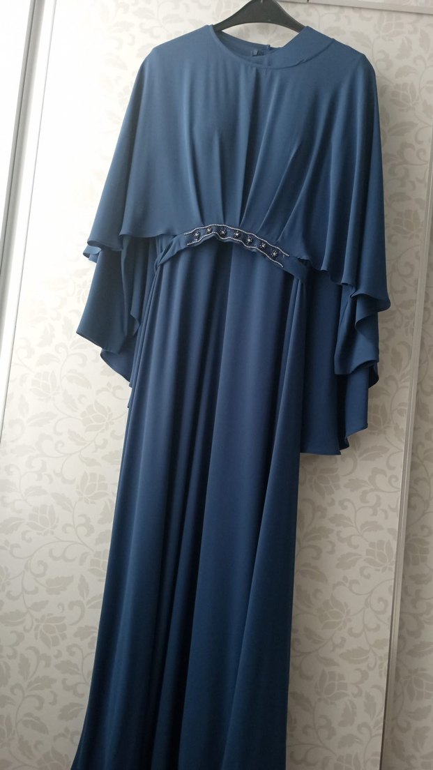 Uzun Lacivert Drapeli Kadın Abiye Elbise - Görsel 2