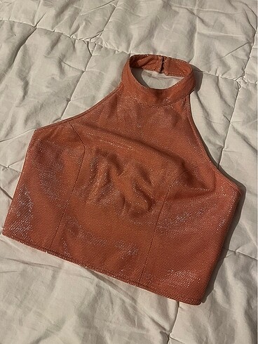 Zara halter yaka parlak crop bluz