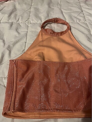 xs Beden pembe Renk Zara halter yaka parlak crop bluz