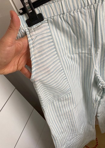 Düğmeli Çizgili Beyaz Kadın Kumaş Tulum - Görsel 9