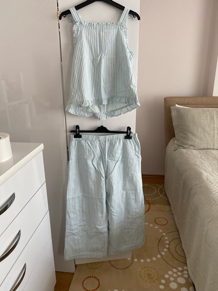 Düğmeli Çizgili Beyaz Kadın Kumaş Tulum - Görsel 2