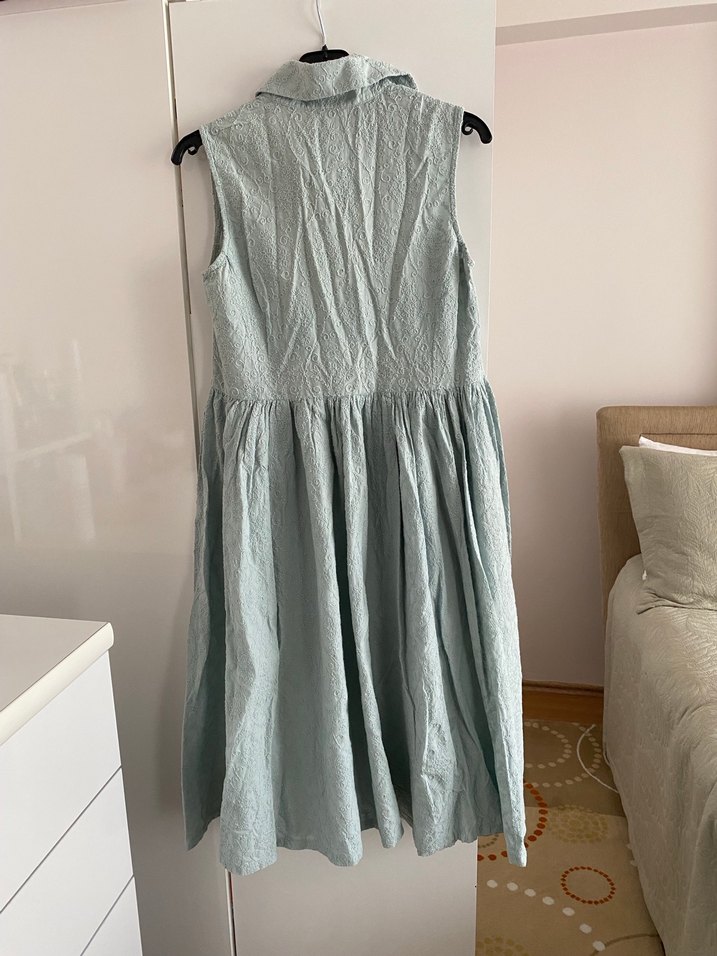 Kolsuz Midi Keten Elbise, Bohem Stil - Görsel 2