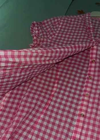 l Beden pembe Renk Pembe Ekose Düğmeli Kısa Kollu Kadın Gömlek