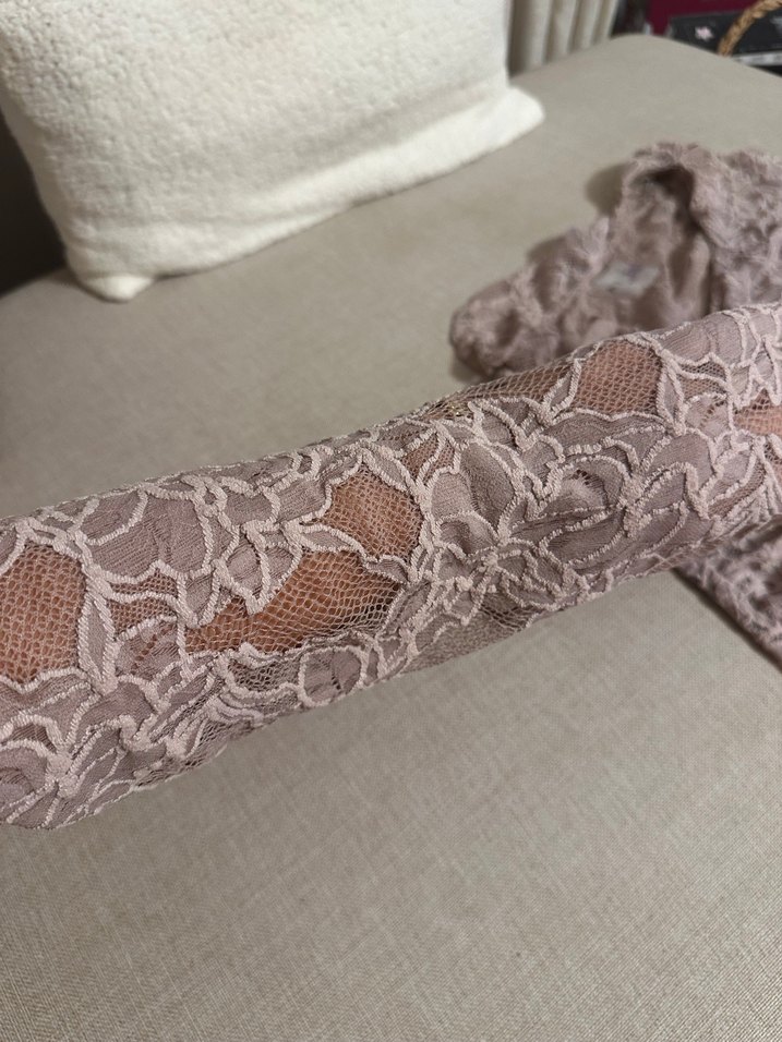 Bej Dantel Uzun Kollu V Yaka Bluz - Görsel 5