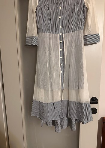 Tül detaylı, çizgili gömlek elbise - Görsel 3