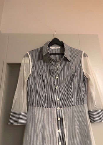 Tül detaylı, çizgili gömlek elbise - Görsel 4