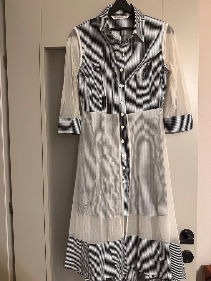 Tül detaylı, çizgili gömlek elbise - Görsel 2