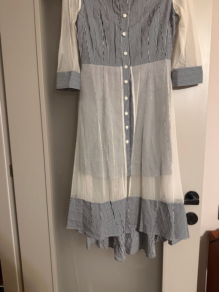 Tül detaylı, çizgili gömlek elbise - Görsel 3