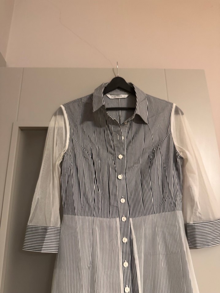 Tül detaylı, çizgili gömlek elbise - Görsel 4